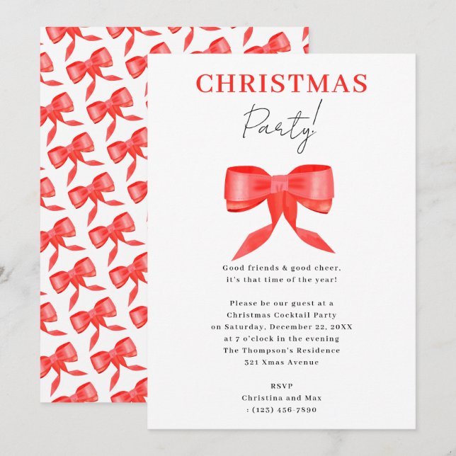 Elegant Classy Black Red Bow Christmas Party Invitation (Front/Back)