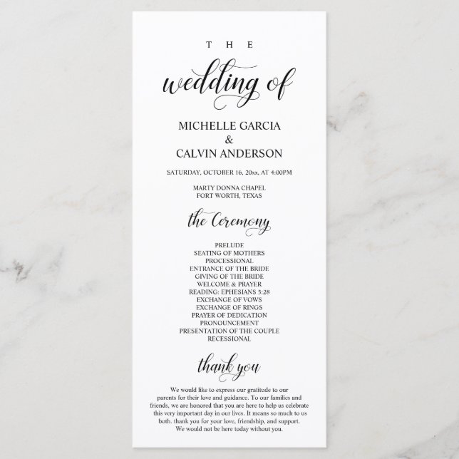 Elegant Classy, Black script, Wedding Ceremony Program (Front)