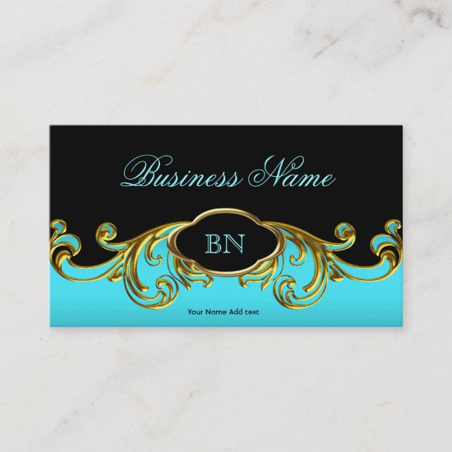 Elegant Classy Black Teal Blue Gold Floral Business Card (Front)