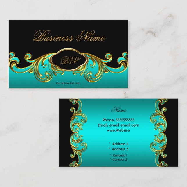 Elegant Classy Black Teal Blue Green Gold Floral Business Card (Front/Back)