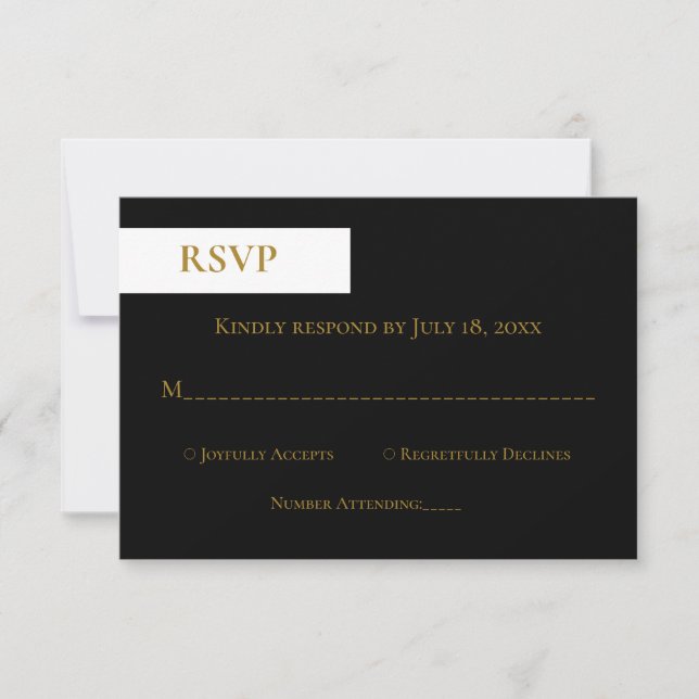 Elegant Classy Black White Gold Monogram Wedding RSVP Card (Front)