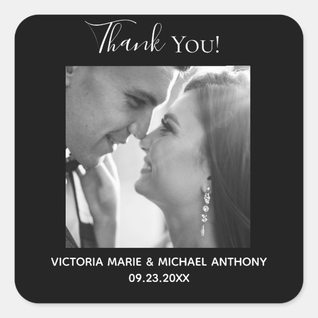 Elegant Classy Black White Photo Wedding Thank You Square Sticker (Front)
