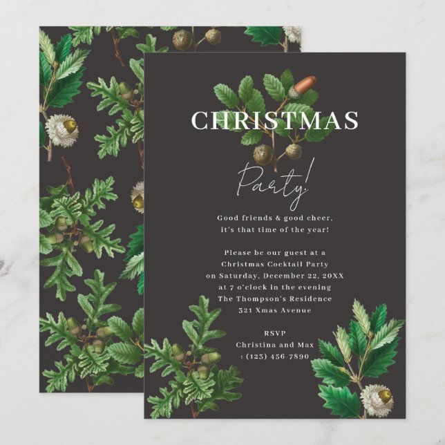 Elegant Classy Black Xmas Acorn Christmas Party Invitation (Front/Back)