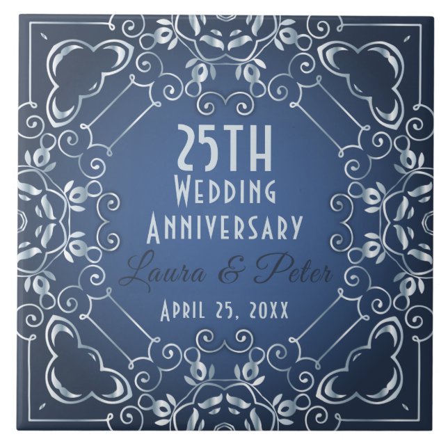 Elegant Classy Blue and Silver Wedding Anniversary Tile (Front)