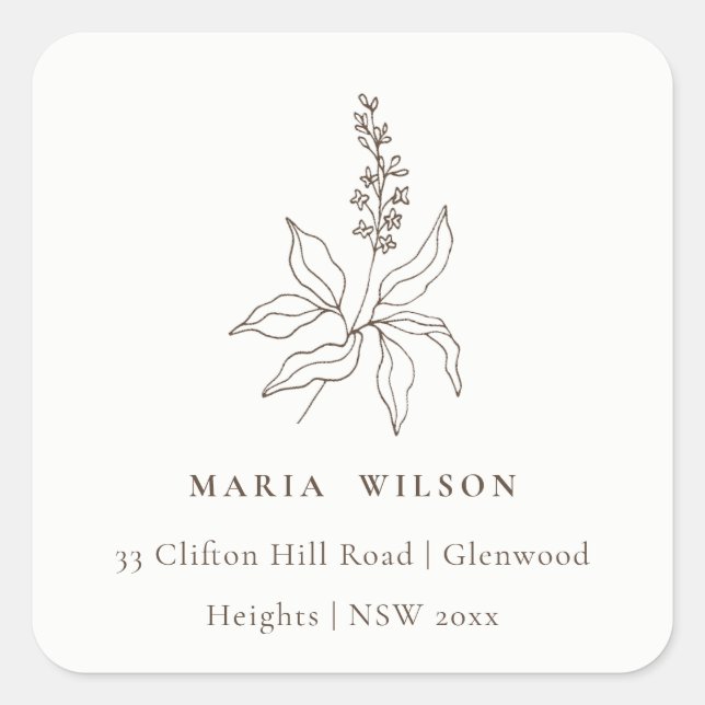 Elegant Classy Botanical Floral Sketch Address Square Sticker (Front)