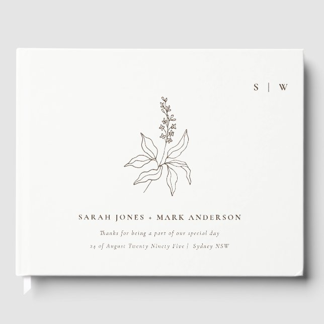 Elegant Classy Botanical Floral Sketch Wedding Guest Book (Front)