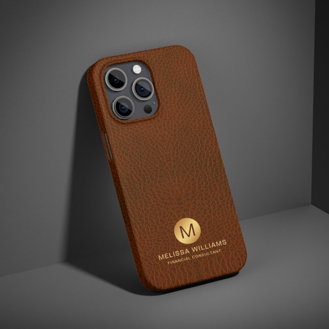 Elegant Classy Brown Faux Leather & Gold Monogram Case-Mate iPhone Case (Creator Uploaded)
