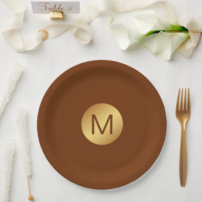Elegant Classy Brown & Gold Initial Name  Paper Plate (Wedding)