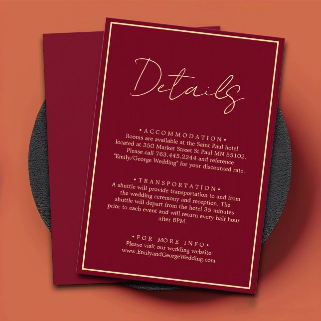 Elegant Classy Burgundy Gold Chic Wedding Details Enclosure Card (Creator Uploaded)
