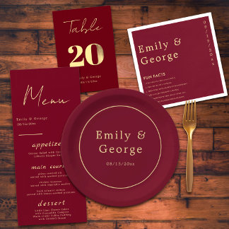 Elegant Classy Burgundy Gold Modern Chic Wedding Paper Plate