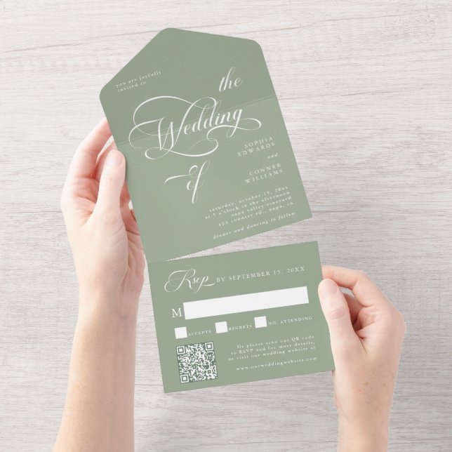 Elegant Classy Calligraphy Wedding Sage Green All In One Invitation (Tearaway)