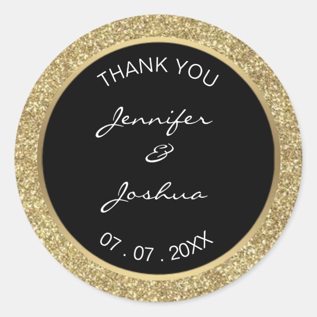 Elegant Classy Custom Black Gold Glitter Wedding Classic Round Sticker (Front)