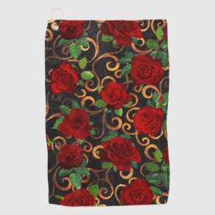 Elegant Classy Damask Vintage Chic Black Red Roses Golf Towel