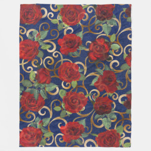   Elegant Classy Damask Vintage Red Rose Navy Blue Fleece Blanket