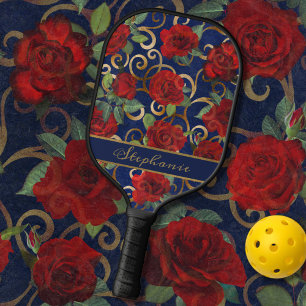 Elegant Classy Damask Vintage Red Rose Navy Blue Pickleball Paddle