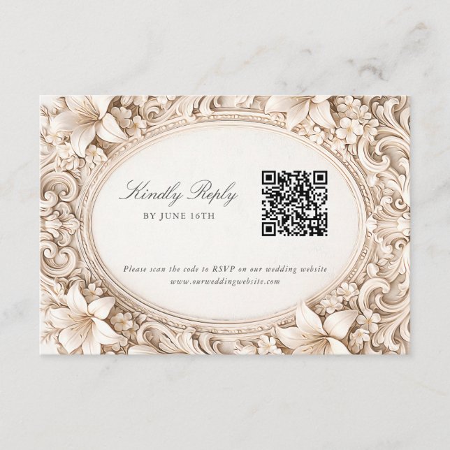 Elegant Classy Floral Baroque RSVP with QR Code Enclosure Card (Front)