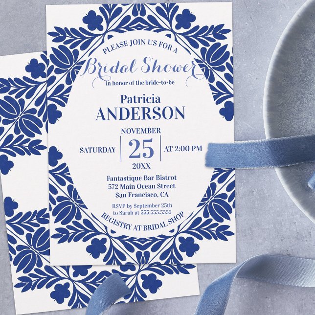 Elegant Classy Floral Blue and White Bridal Shower Invitation (Creator Uploaded)