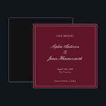 Elegant Classy Formal Burgundy Red Script Wedding  Save The Date<br><div class="desc">Elegant,  formal and classy square Wedding Save the Date with Script typography for the couple's names,  dark burgundy red background,  an elegant frame on the front and a black backer. Customize it with your own wedding information. A very elegant and sophisticated Wedding Announcement for modern couples.</div>