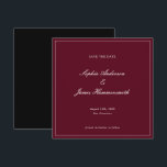 Elegant Classy Formal Burgundy Red Script Wedding  Save The Date<br><div class="desc">Elegant,  formal and classy square Wedding Save the Date with Script typography for the couple's names,  dark burgundy red background,  an elegant frame on the front and a black backer. Customize it with your own wedding information. A very elegant and sophisticated Wedding Announcement for modern couples.</div>