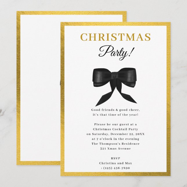 Elegant Classy Gold Black Bow Christmas Party Invitation (Front/Back)