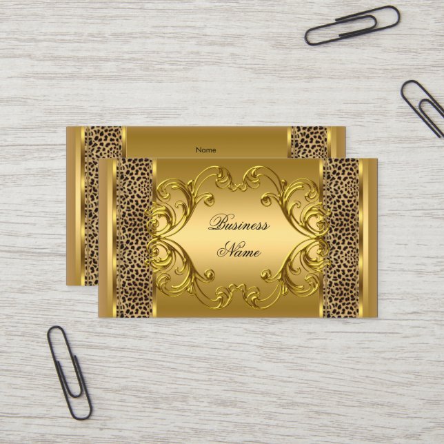 Elegant Classy Gold Black Leopard animal print Business Card (Front/Back In Situ)