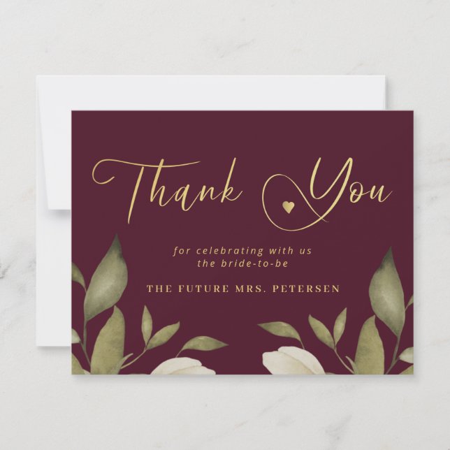 Elegant classy gold burgundy bridal shower thank you card (Front)