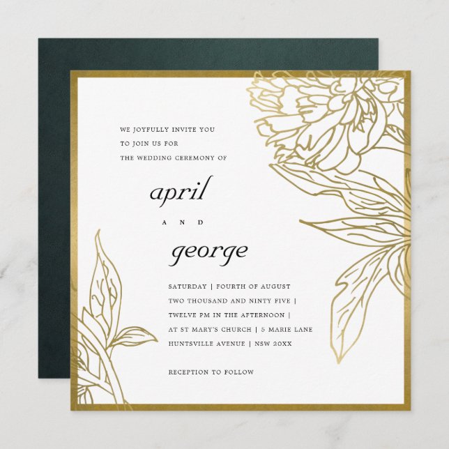  ELEGANT CLASSY GOLD FOIL FLORAL WEDDING INVITE (Front/Back)