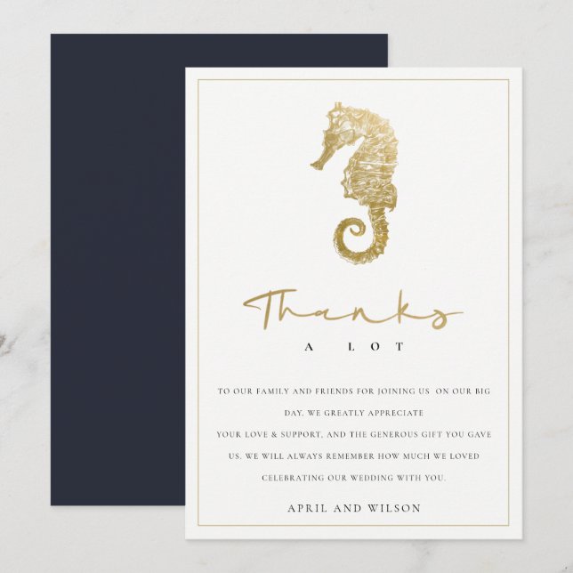 ELEGANT CLASSY GOLD FOIL NAVY SEAHORSE  WEDDING THANK YOU CARD (Front/Back)