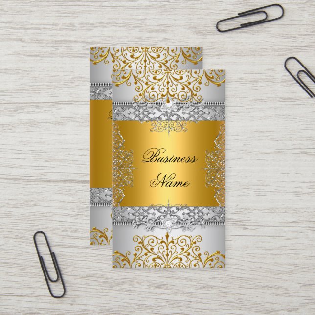Elegant Classy Gold Lace Silver White Business Card (Front/Back In Situ)