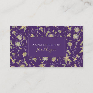 Elegant Classy Gold Passionflowers Vine on Purple Business Card