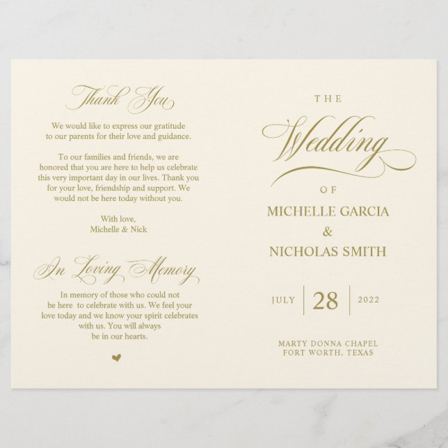 Elégant Classy Gold, Programme de mariage pliable (Devant)