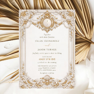 Elegant Classy Gold & White Baroque Frame Wedding Invitation