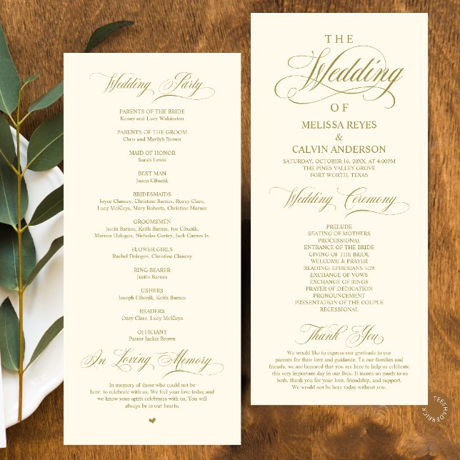 Elegant Classy Gold Yellow Cream Script Wedding Program (Elegant Classy Gold Yellow Cream Script Wedding Program Card)