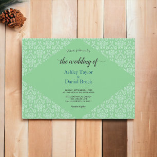 Elegant Classy Green Damask Script Formal Wedding Invitation