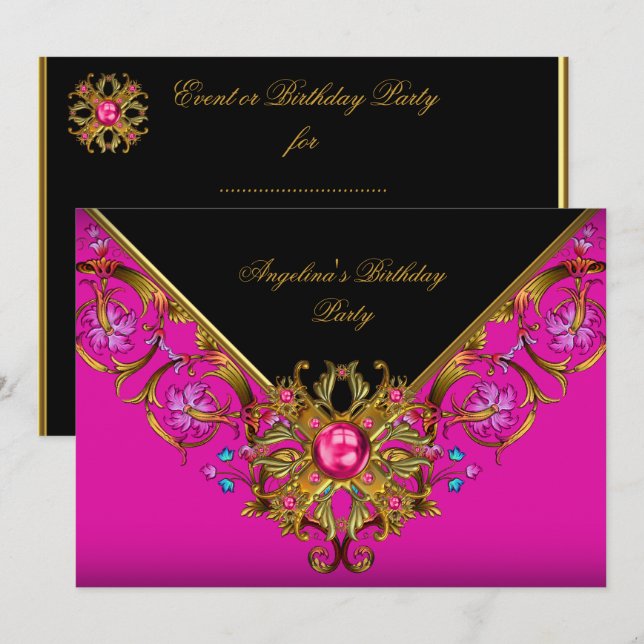 Elegant Classy Hot pink Black Gold Birthday Party Invitation (Front/Back)
