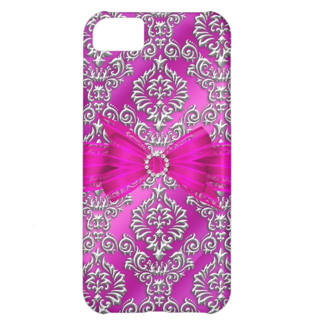 Elegant Classy hot pink silver Damask Floral Case-Mate iPhone Case (Back)