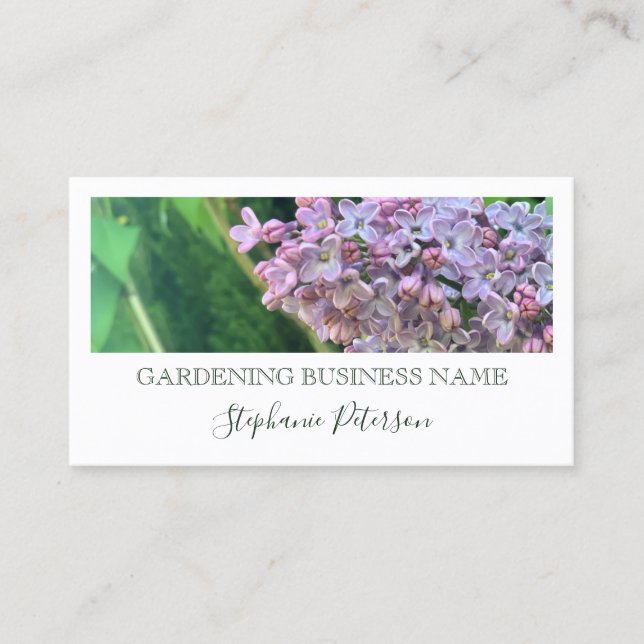 Elegant Classy Lilac Custom Photo Green Gardener Business Card (Front)