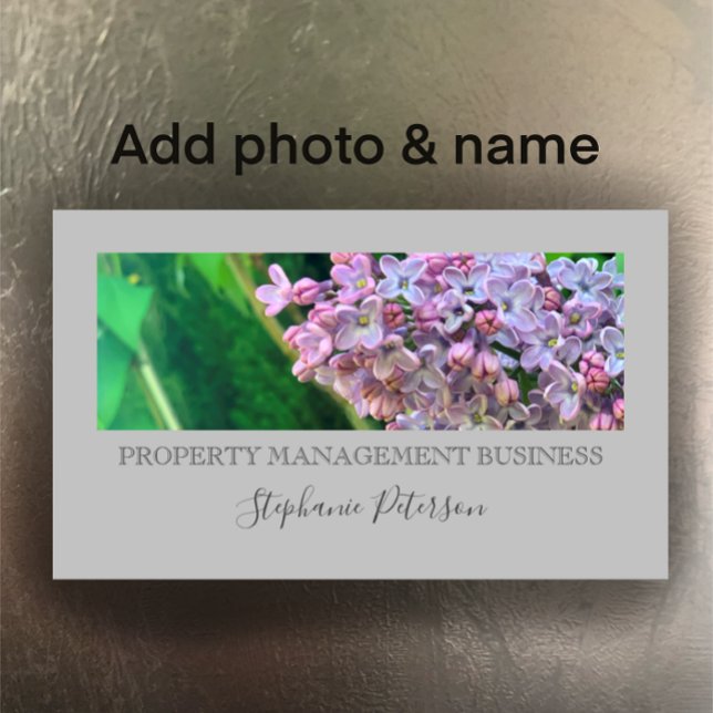 Elegant Classy Lilac Custom Photo Grey Management Business Card (Customize this business card template with your photo and personal details.)