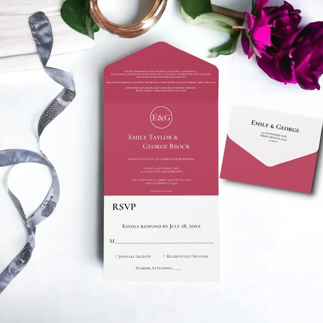 Elegant Classy Magenta Monogram Modern Wedding All In One Invitation (Creator Uploaded)