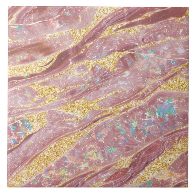    Elegant Classy Marble Blush Pink & Gold Glitter Tile (Front)