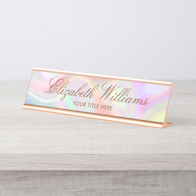 Elegant Classy Modern Holographic Pastels Custom Desk Name Plate (Front)