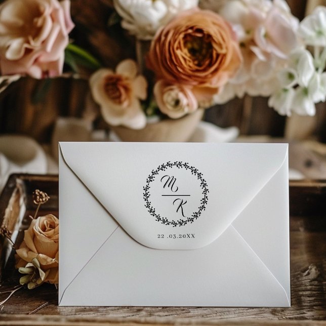 Elegant, classy monogram wreath rubber stamp (Elegant, classy monogram wreath rubber stamp with your monograms and date.)