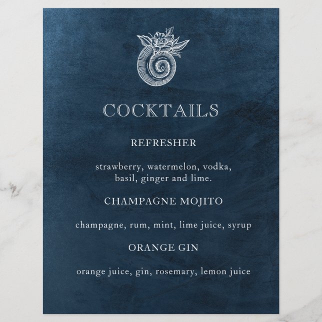 Elégant Classy Navy Beach Wedding Cocktail Menu (Devant)
