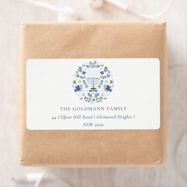 Elegant Classy Navy Blue Hanukkah Floral Address (Insitu)