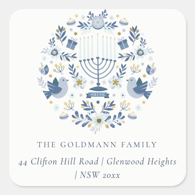 Elegant Classy Navy Blue Hanukkah Floral Address Square Sticker (Front)