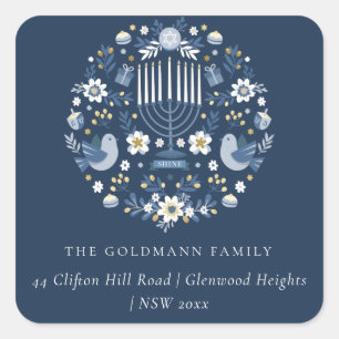 Elegant Classy Navy Blue Hanukkah Floral Address Square Sticker