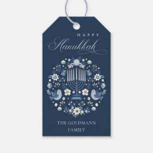 Elegant Classy Navy Blue Happy Hanukkah Floral Gift Tags