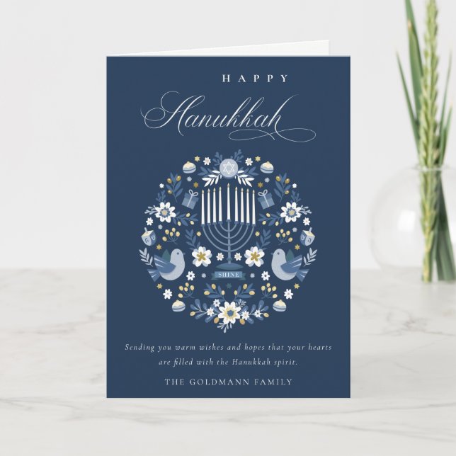 Elegant Classy Navy Blue Happy Hanukkah Floral Holiday Card (Front)