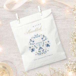 Elegant Classy Navy Blue Happy Hanukkah Floral Nap Favour Bag