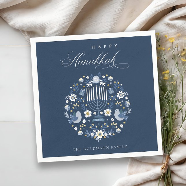Elegant Classy Navy Blue Happy Hanukkah Floral Napkin (Creator Uploaded)